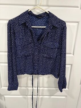 Express Navy and White Polka Dot Drawstring Blouse